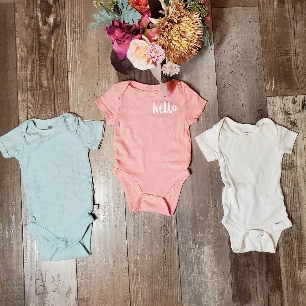 Baby Girl 100% Cotton 3Pc Bodysuit Bundle - Spring Pastel Colors - 0-3m 0/3m